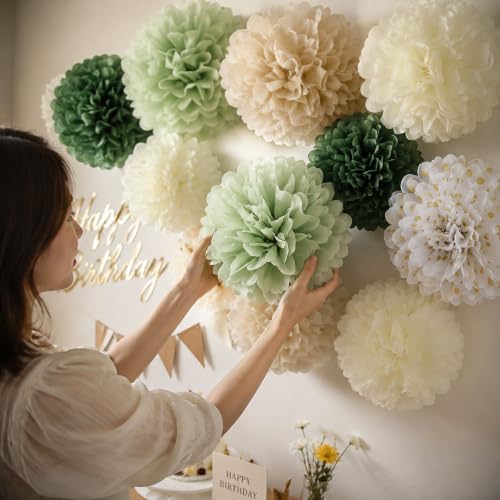 Sage Green Tissue Paper Pom Poms - 12-Piece Party Decoration Set