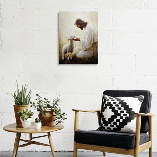Jesus Holding Lamb Canvas Wall Art - Serene Christian Decor for Home & Church | 12x16 Inches