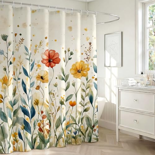 Boho Floral Shower Curtain - Vintage Beige Polyester Fabric, 72x72 Inch