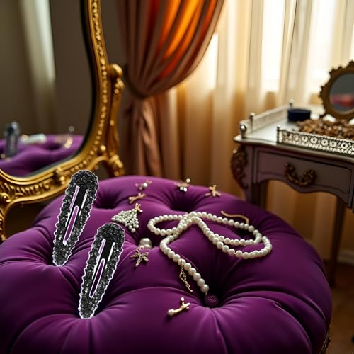 Black Crystal Snap Hair Clips, 3.15 Inch Sparkly Barrette Slides for Women