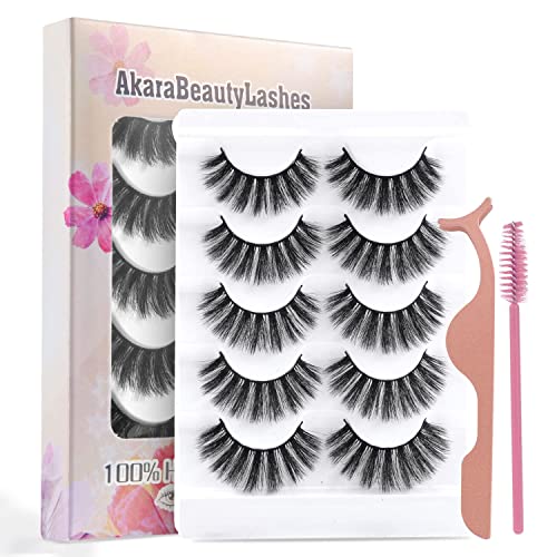 AKARA 5 Pairs Wispy Faux Mink False Eyelashes Natural Fluffy Cat Eye