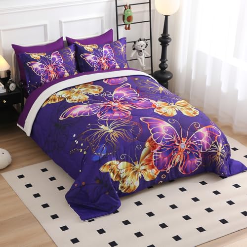 Violet Butterfly Queen Comforter Set for Kids Girls - 7 Pieces Bedding