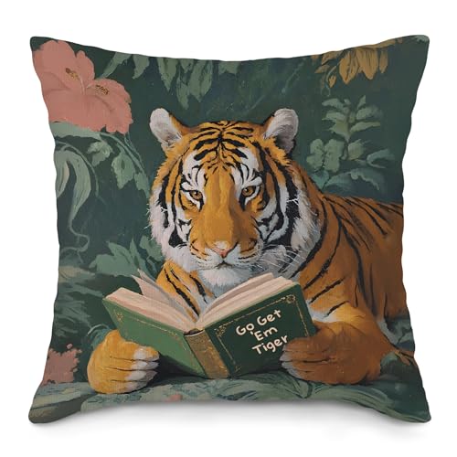 Whimsical Tiger Reading Throw Pillow Cover - 18x18 Inch, Funky Design for Sofa & Office