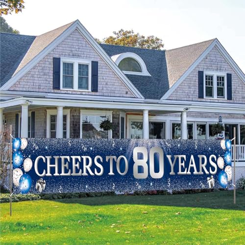 Blue Silver 80th Birthday Banner for Men & Women - 98x19.7 in