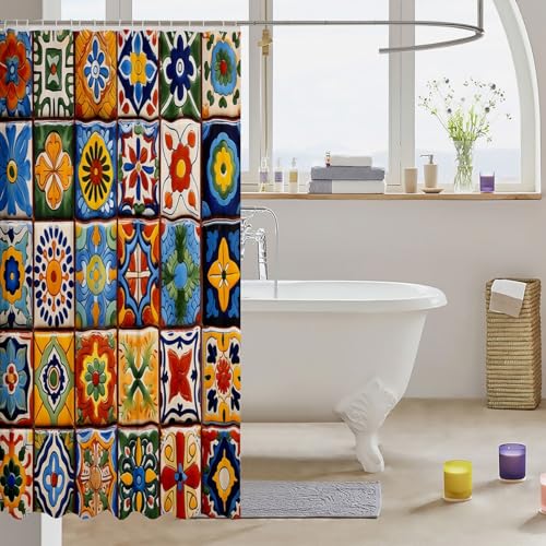 Erosebridal Mexican Talavera Tile Shower Curtain Set - Orange Blue, 72" x 84"