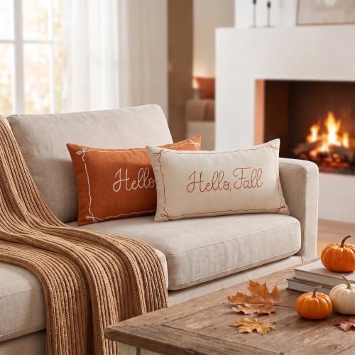 Hello Fall Embroidered Lumbar Pillow Cover 12x20 - Beige Chenille