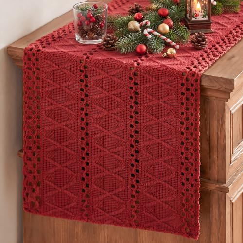 Rose Red Woven Farmhouse Table Runner 12x120 Inch - Durable Cotton Polyester