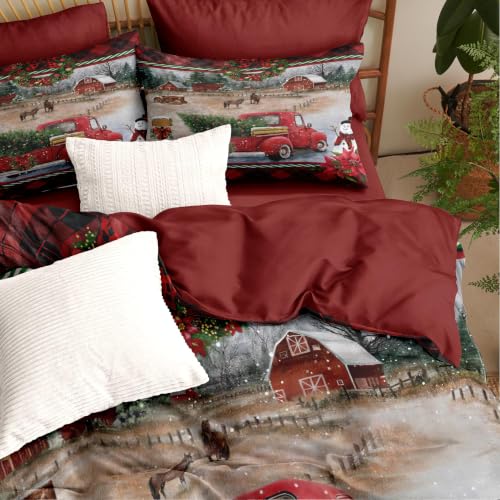 Sedefen Christmas Comforter Set Queen Red Gingham Truck Farmhouse Bedding - Variation of King