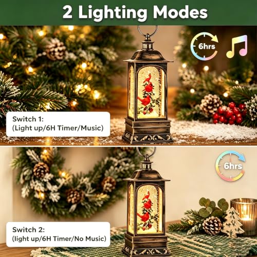 Musical Cardinal Snow Globe Lantern with Swirling Glitter - 10.6 Inch Festive Christmas Decor - 3 Cardinals Variation