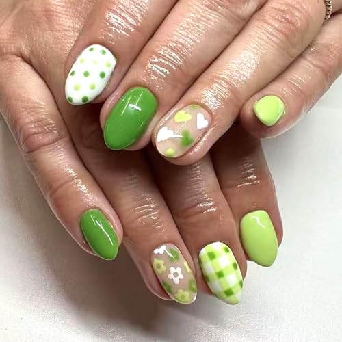 Green Floral Press on Nails Medium Almond False Nails with Polka Dot