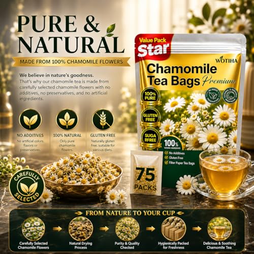 WOTIHA Premium Chamomile Tea Bags, 100% Pure Herbal Flowers, 75 Count