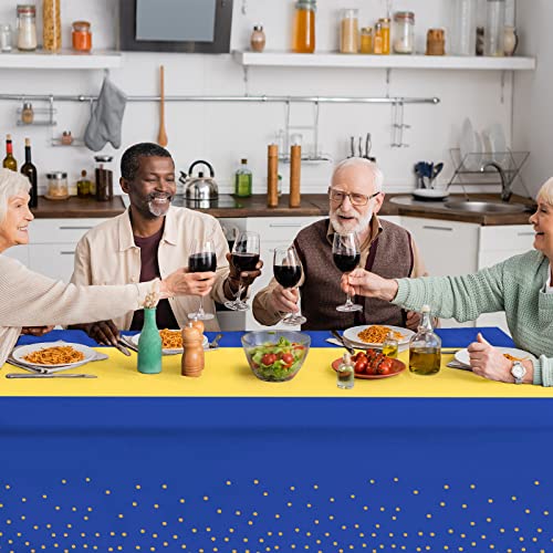 Blue and Gold 8-Pack Disposable Plastic Tablecloths with Satin Table Runner Set for Weddings and Parties