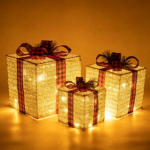 Lighted Christmas Gift Box Set - 3 Decorative LED Holiday Boxes with 8 Modes