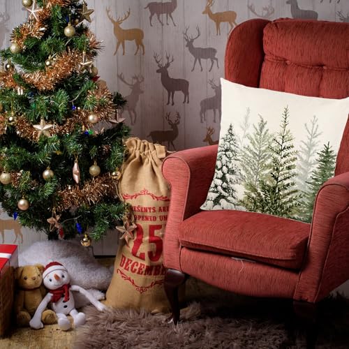Green Watercolor Christmas Pillow Covers Set of 2 - 18x18 Inch Decorative Cushions