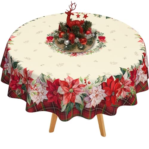 Waterproof Christmas Tablecloth - Red Holly & Tree Design, 60x60 Inch Round - Christmas Holiday Decor