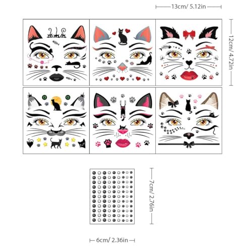 Cat Face Gems Crystal Temporary Tattoos 6 Sheets Festival Makeup