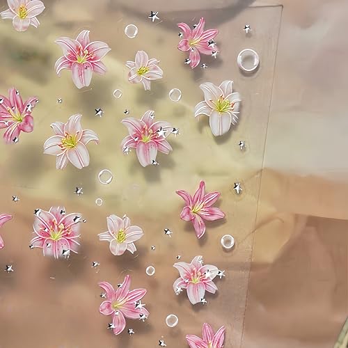 5D Embossed Pink Flower Nail Stickers Summer Floral Decals
