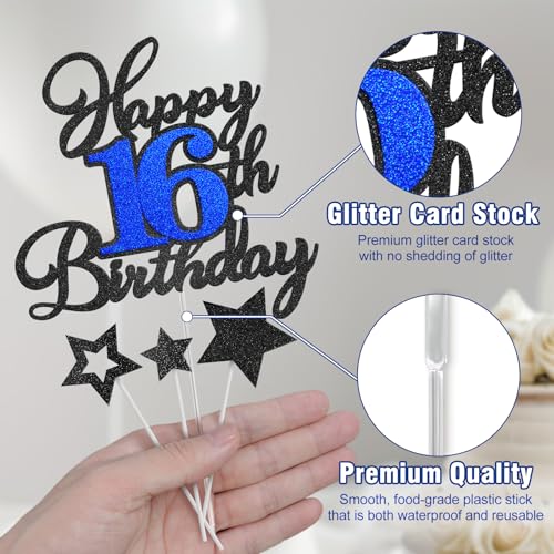 Happy 16th Birthday Cake Topper - Black Blue Glitter Decoration