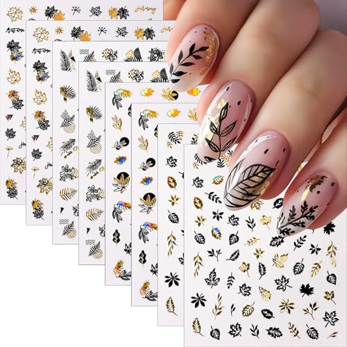 Black Gold Fall Maple Leaf Nail Stickers - 8 Sheets Self-Adhesive Autumn Decals
