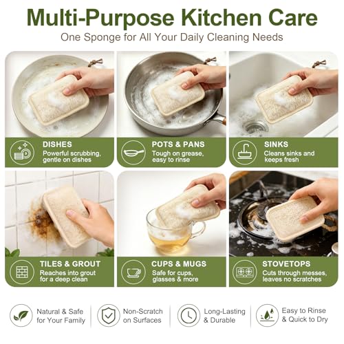 MUSDOOU Natural Loofah Dish Scrubber Sponges, 6 Pack Compostable Cleaning Pads