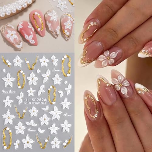 5D Embossed Flower Nail Stickers - Pink & White Floral Decals (4 Sheets)