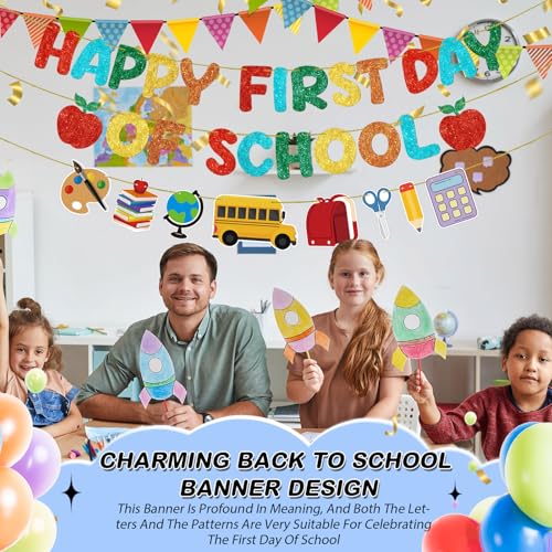 Fulmoon Happy First Day of School Banner Glitter Back to School Decor - Pre-Strung & Durable