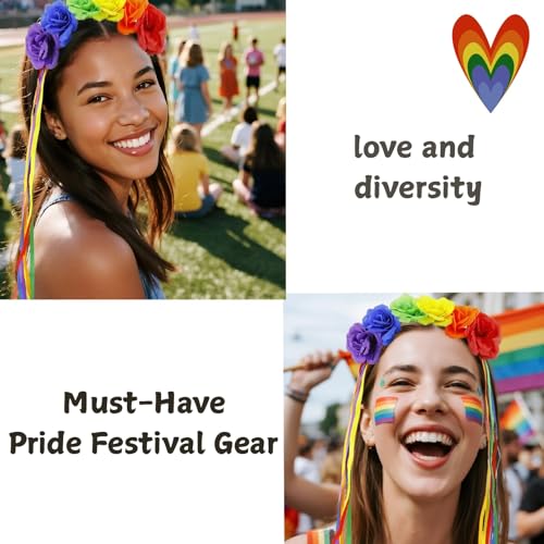Rainbow Pride Flower Crown Headband with Ribbon Boho Festival Hair Access