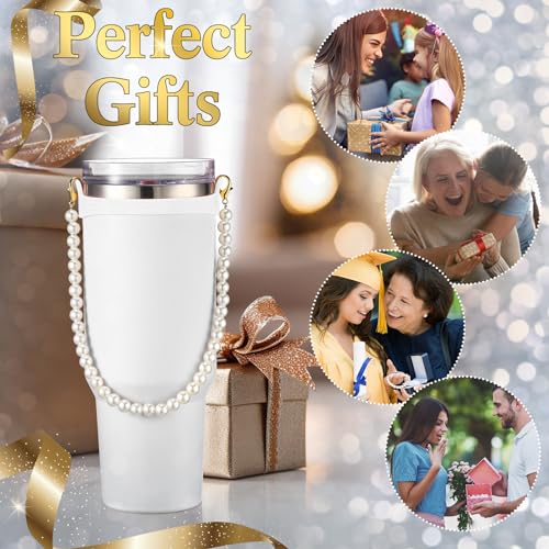 2 Pcs Silicone Water Bottle Handle Holder with Pearl Strap Compatible with Stanley Cup Accessories Sling Water Bottle Carrier Holde Fits Most 8-40 oz Tumbler Gift for Woman