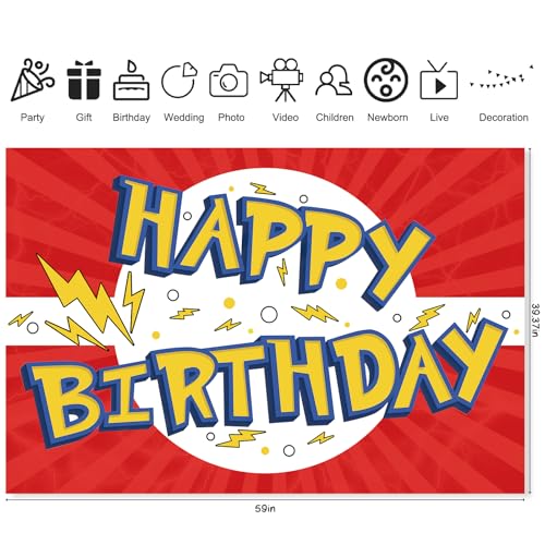 Cartoon Birthday Backdrop 5x3ft - Red, White & Yellow Party Banner