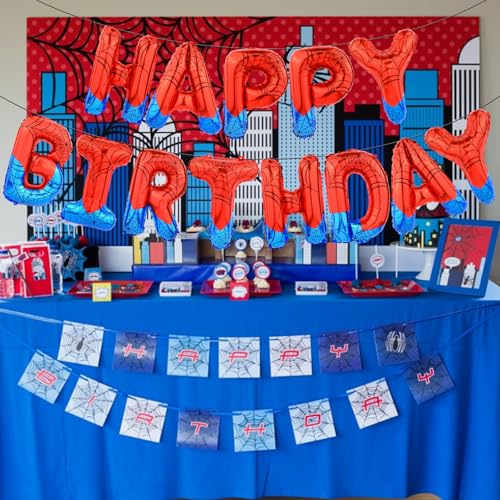 Spider Happy Birthday Foil Balloon Banner - Red Superhero Party Decor
