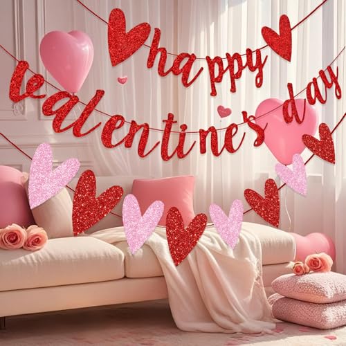 Happy Valentine's Day Glitter Banner with Heart Garland - 9.8 ft