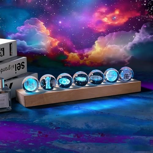 7 Pcs Crystal Planet Night Light Set with Wooden Base - Galaxy Moon Saturn Decor for Home & Gifts