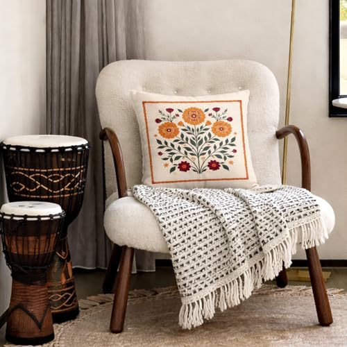 Orange Floral Throw Pillow Cover, 18x18 Boho Botanical Cushion Case