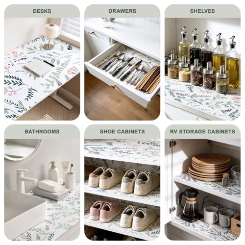Fern Floral Shelf Liner, 12" x 118" Non-Adhesive Waterproof Drawer Mat