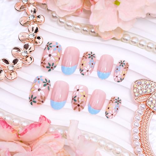 Short Almond French Tip Press On Nails with Daisy Flower Design