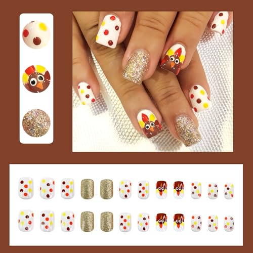 Fall Turkey Press on Nails Short Square False Nails with Gold Glitter