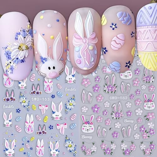 POWPOP 5D Embossed Easter Nail Art Stickers Bunny Flower Decals 4PCS