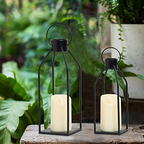15-Inch and 12-Inch Black Metal Lanterns with Flickering LED Candles - Farmhouse Decor Set