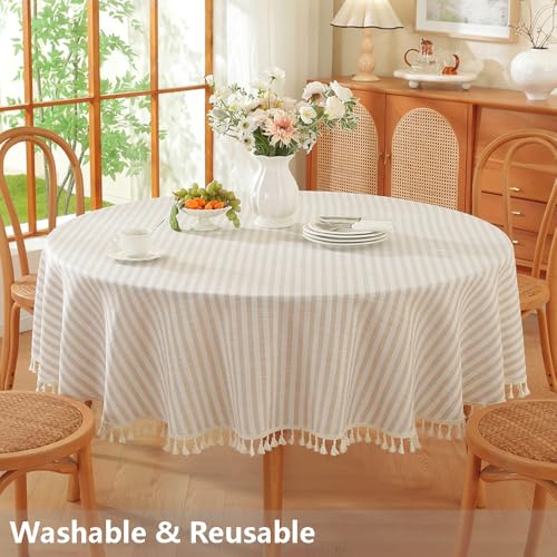 Beige 70-Inch Round Outdoor Tablecloth - Fall Pattern, Heavy Waterproof Fabric
