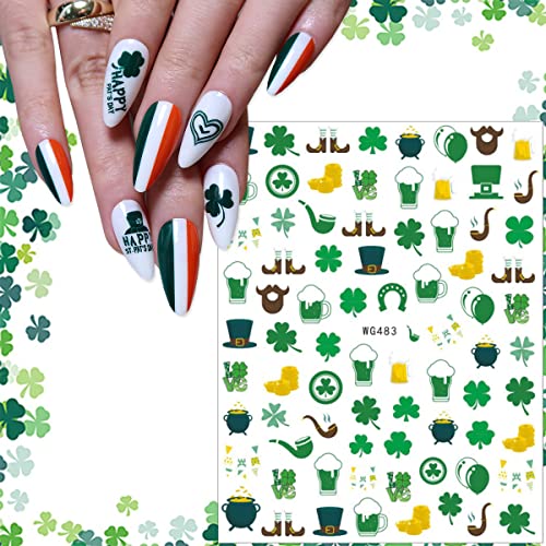 St. Patrick's Day Nail Stickers 3D Shamrock Green Clover Decals, 5 Sheets