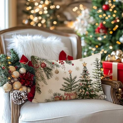 Christmas Pillow Cover 12x20 - Snowflake & Tree Design, Machine Washable
