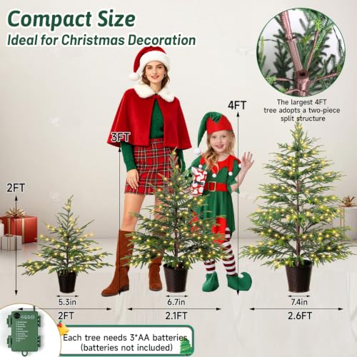 Pine Leaves Artificial Christmas Tree Set of 3 - 2ft, 3ft, 4ft Twinkle LED Holiday Decor