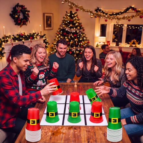 Christmas Cup Flip Tic Tac Toe Party Game Set with Santa Cups and Felt Mat