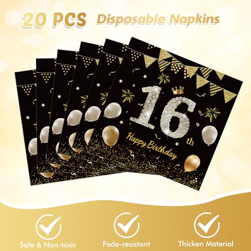 16th Birthday Decorations Set - Black Gold Party Supplies for Teens