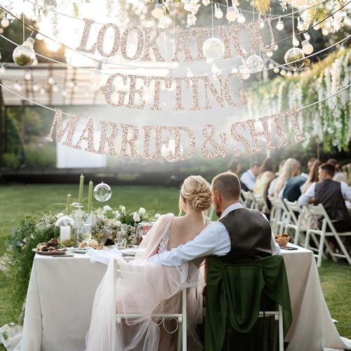 GREABRRY Champagne Glitter Wedding & Bachelorette Banner - 9ft Just Married Decor