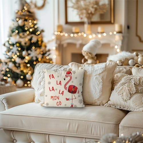 Christmas Flamingo Throw Pillow Cover 18x18, Red Snowflake Xmas Cushion Case