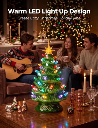 Green Ceramic Christmas Tree 13 Inch Pre-lit Tabletop Holiday Decor - Brightown