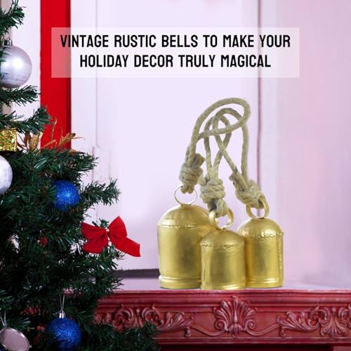 Christmas Hanging Large Cow Bells - Rustic Golden Metal Bells for Farmhouse, Garden & Holiday Décor (Medium 5”4”3” Inch)