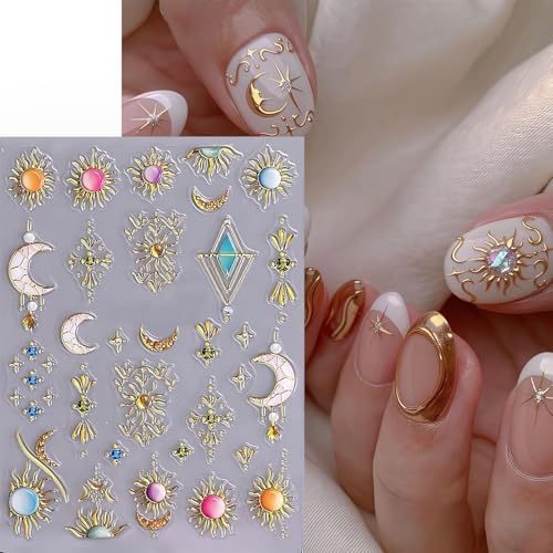 CnSybaris 5D Bohemian Nail Stickers - Metallic Gold Sun, Moon & Star Decals (2 Sheets)