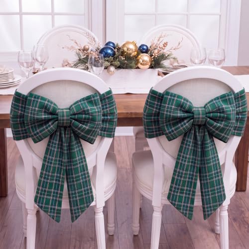 Christmas Chair Back Covers with Bow Set - Green Tartan Velvet, 6 Pieces